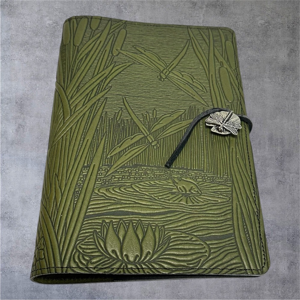 Oberon Design Leather Journal Cover Olive Green Dragonfly Pond Heron